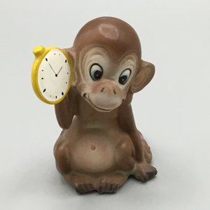 Vintage Italian Glazed Terra Cotta Monkey Figurine Holding Watch / Clock, Cute,